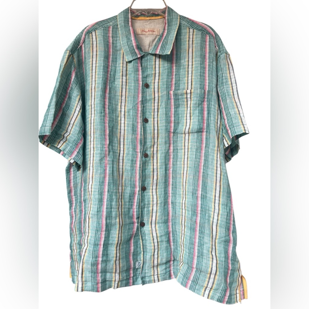 Tommy Bahama Size XL Men’s Linen Striped Green and Pink SS Button Shirt